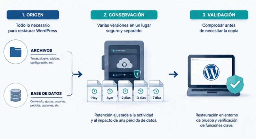 Archivos y base de datos de WordPress almacenados en varias copias y sometidos a una prueba de restauración