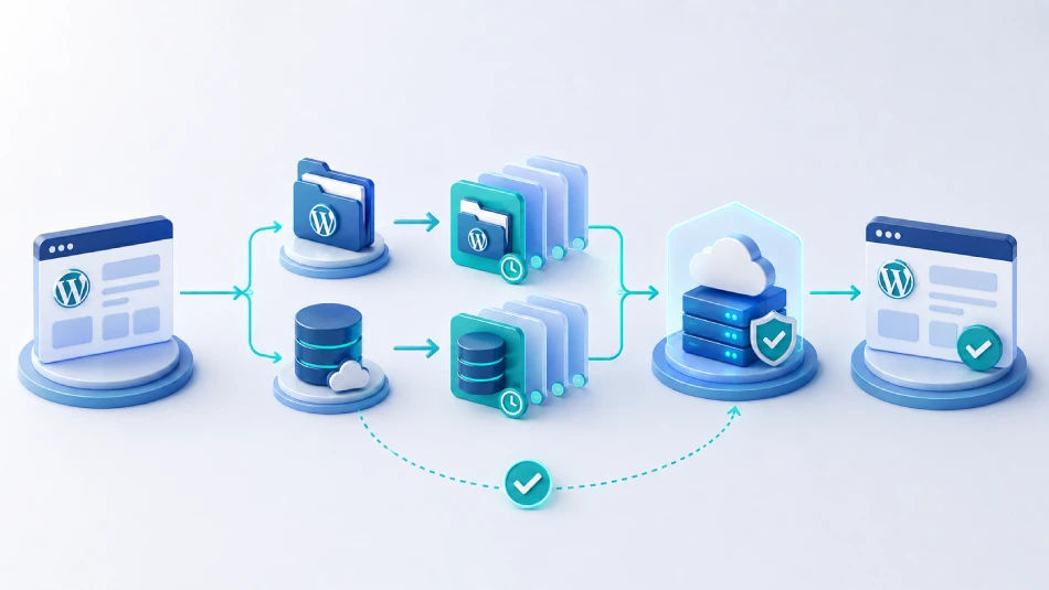 Copia de WordPress formada por archivos y base de datos, con varias versiones y una restauración de prueba