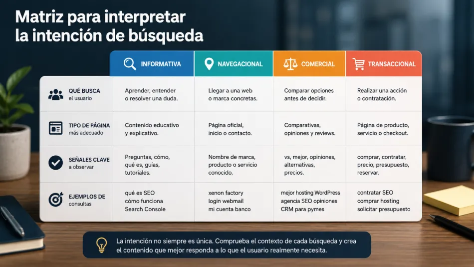 Matriz para interpretar la intención de búsqueda y elegir el tipo de página adecuado