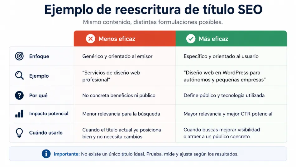 Comparación entre un título SEO genérico sobre diseño web y otro específico para WordPress, autónomos y pequeñas empresas, con diferencias de enfoque, relevancia e impacto potencial.