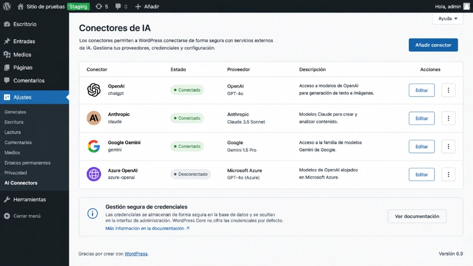 Pantalla de conectores de WordPress utilizada para configurar proveedores externos