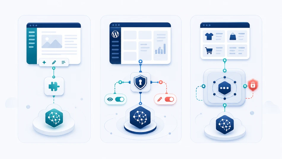 Tres arquitecturas de inteligencia artificial en WordPress con conexiones distintas entre sitio, proveedor y acciones