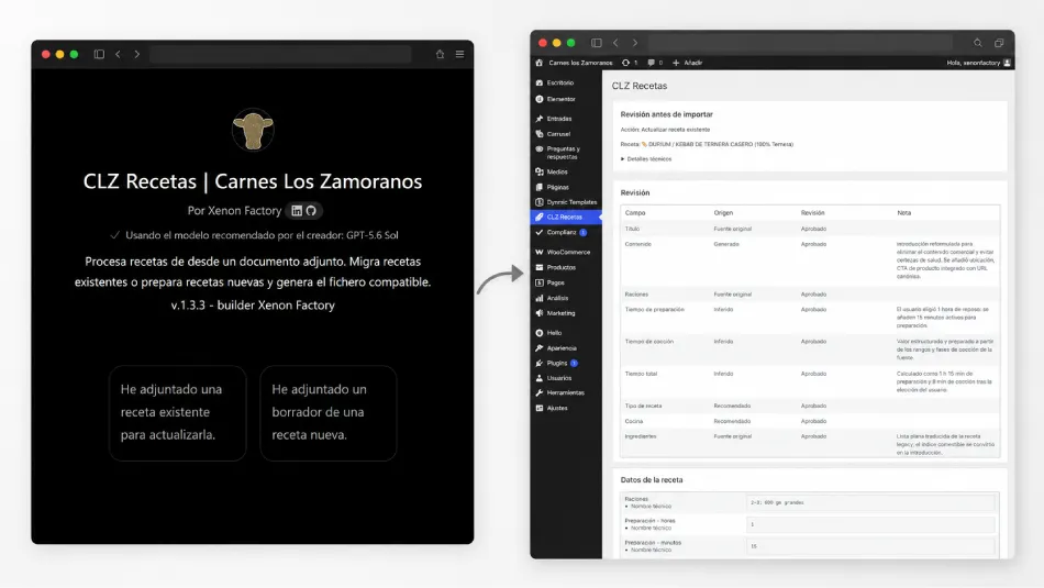 Composición con la interfaz del asistente CLZ Recetas y la pantalla de revisión del plugin en WordPress durante la actualización de una receta mediante inteligencia artificial.